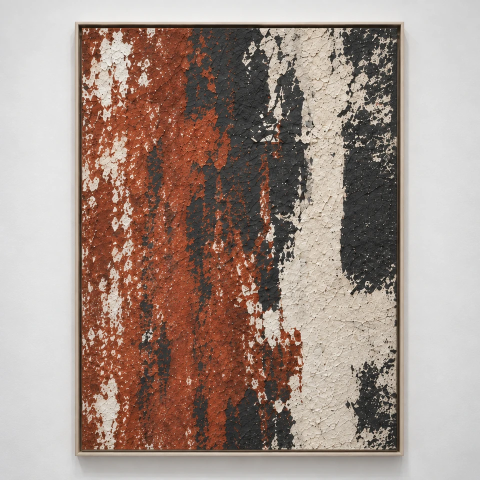 Full view of the exhibited work “What Remains”, a vertical abstract painting with layers of reddish brown, black and white and a textured surface