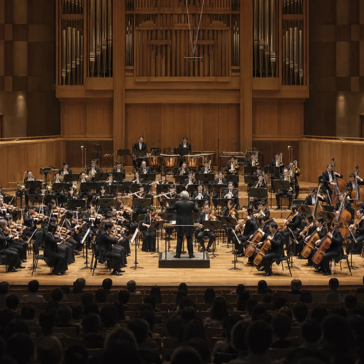 Ein Orchester spielt in einem Konzertsaal mit warmer Holzresonanz