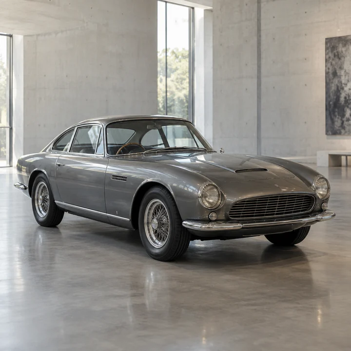 Ein Oldtimer mit fließenden Formen in einem hellen Ausstellungsraum