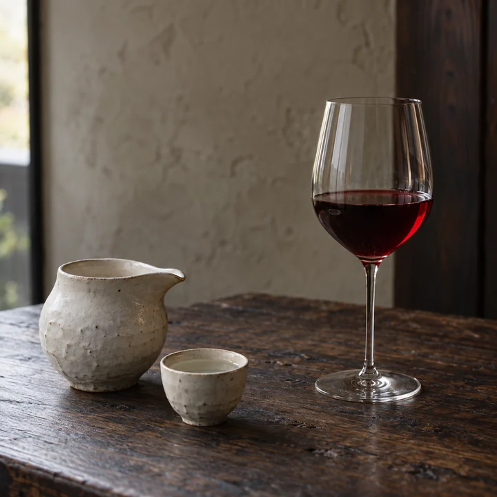 柔らかな自然光の中に置かれた日本酒の酒器と赤ワインのグラス