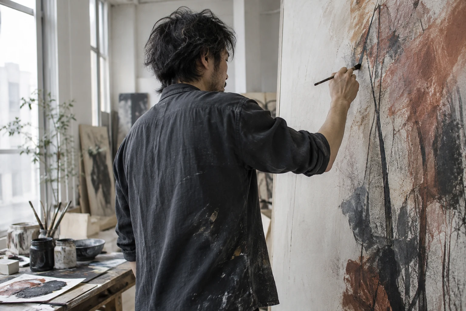 Ein Künstler malt in seinem Atelier