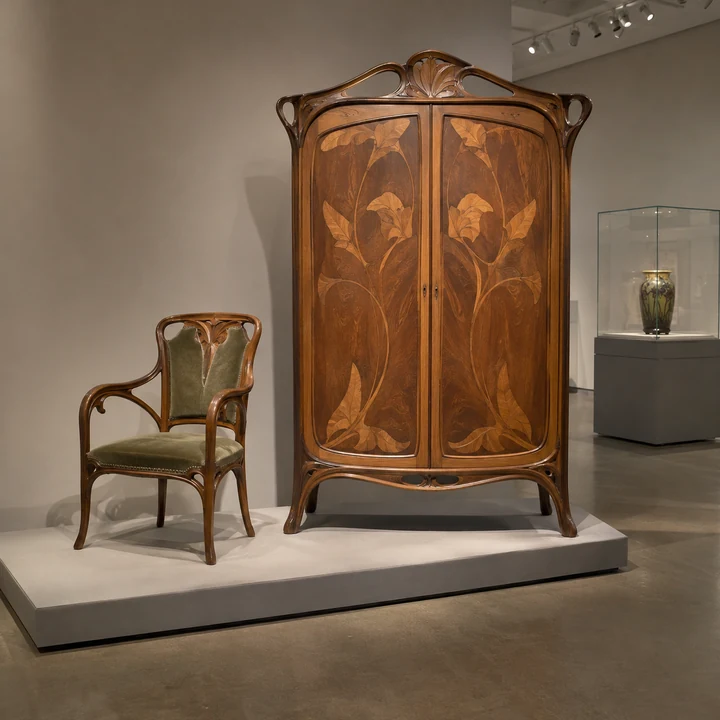 Un mobilier Art nouveau exposé, aux lignes courbes et aux détails en bois