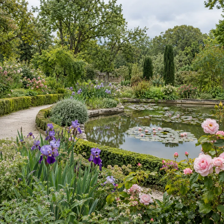 A historic garden with planting and pathways