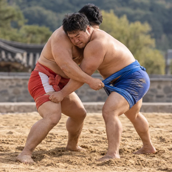 모래판에서 샅바를 잡고 맞붙은 두 씨름 선수