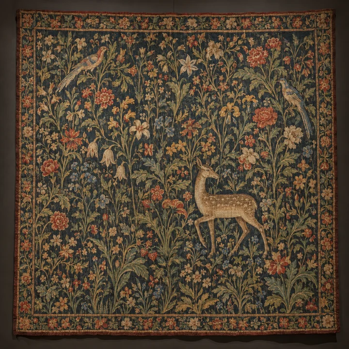 Ein gewirkter Wandteppich mit einem Hirsch, Vögeln und dichten Blumenmotiven an einer dunklen Museumswand