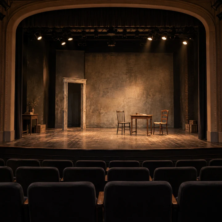 Ein leeres Theater mit warm beleuchteten Stühlen, einem Tisch und einem Türrahmen auf der Bühne