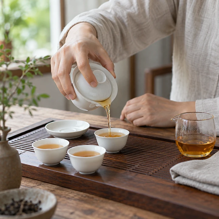 使用盖碗与小茶杯泡茶的动作